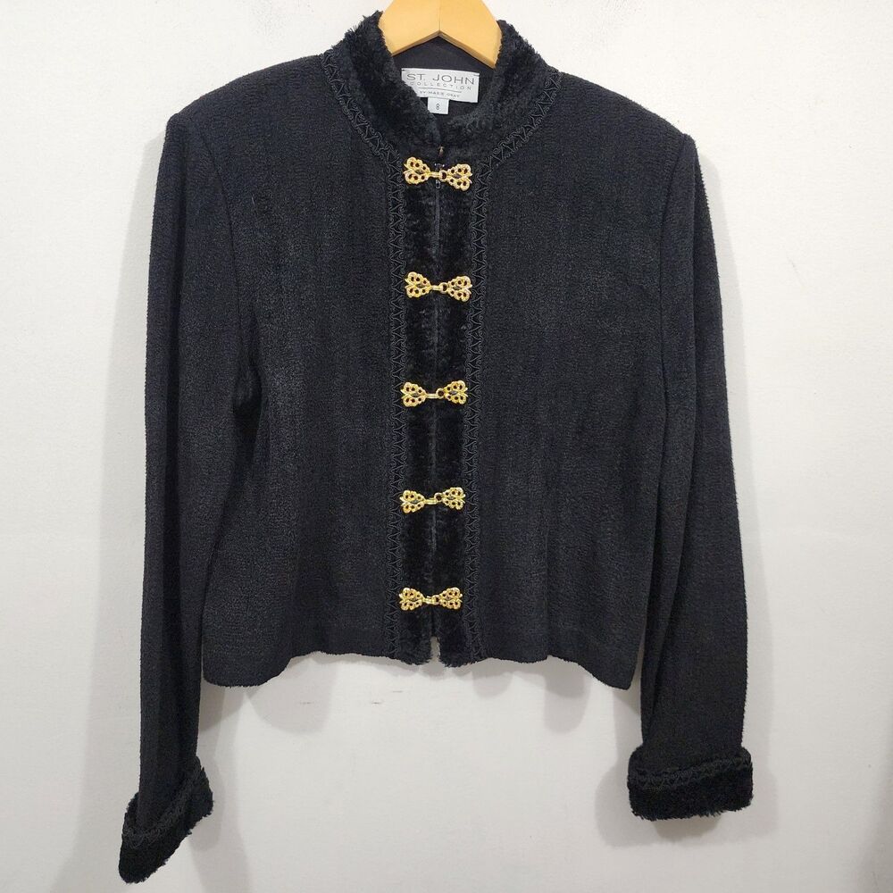 Vtg St John Marie Gray Chenille Boucle Cardigan Sweater Black Gold Zipper Knit 8 - Picture 2 of 11
